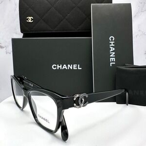 Chanel Glasses Frames Black Crystal & Leather Chain CC Logo Rx-able 52-16-140